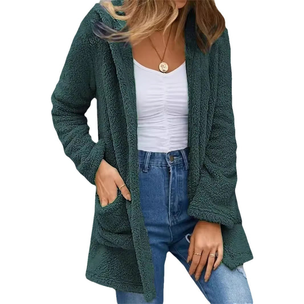 New Women's Cardigan Double Pocket Hooded Solid Color Fleece Cardigan Jacket