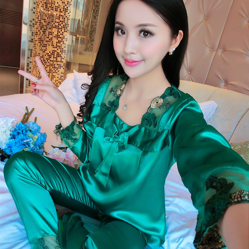 Spring And Autumn Thin Ice Silk Pajamas Ladies Long-Sleeved