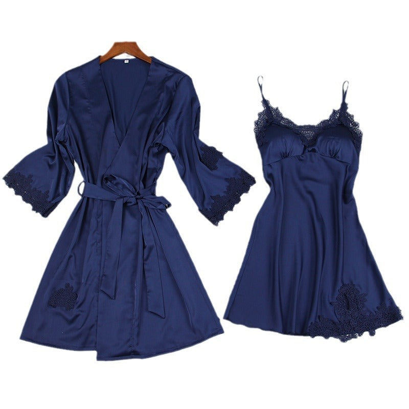 Long Sleeve Ice Silk Sling Nightgown Suit
