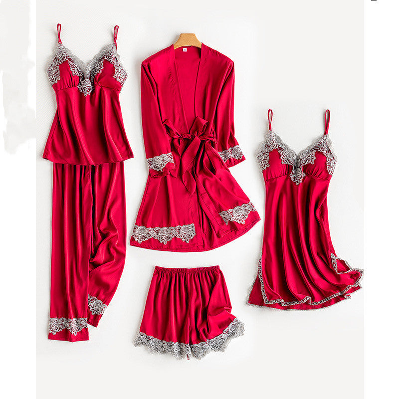 Ice Silk Thin Sling Nightdress Nightgown Five-piece Home Service