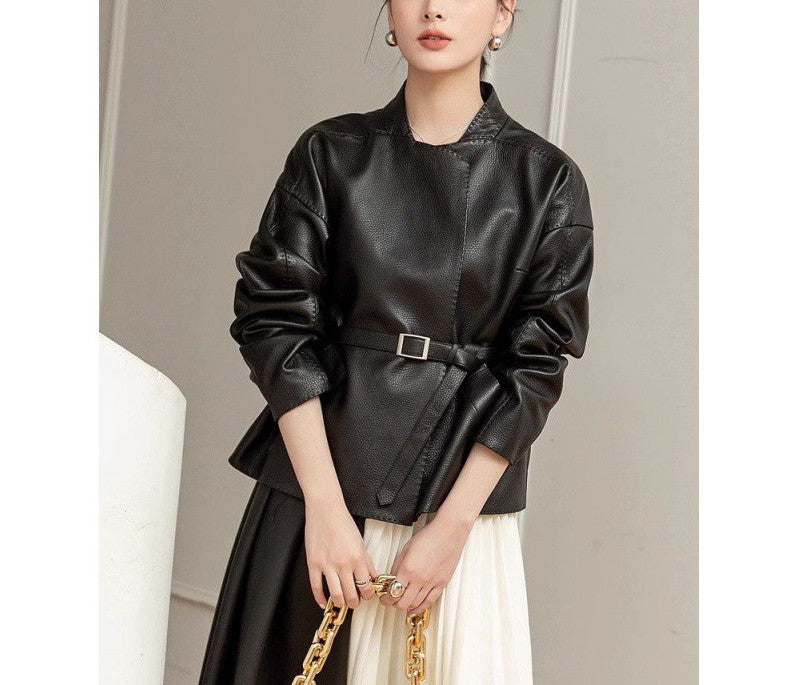 Hong Kong Retro Classic Style Leather Coat Women's Short
