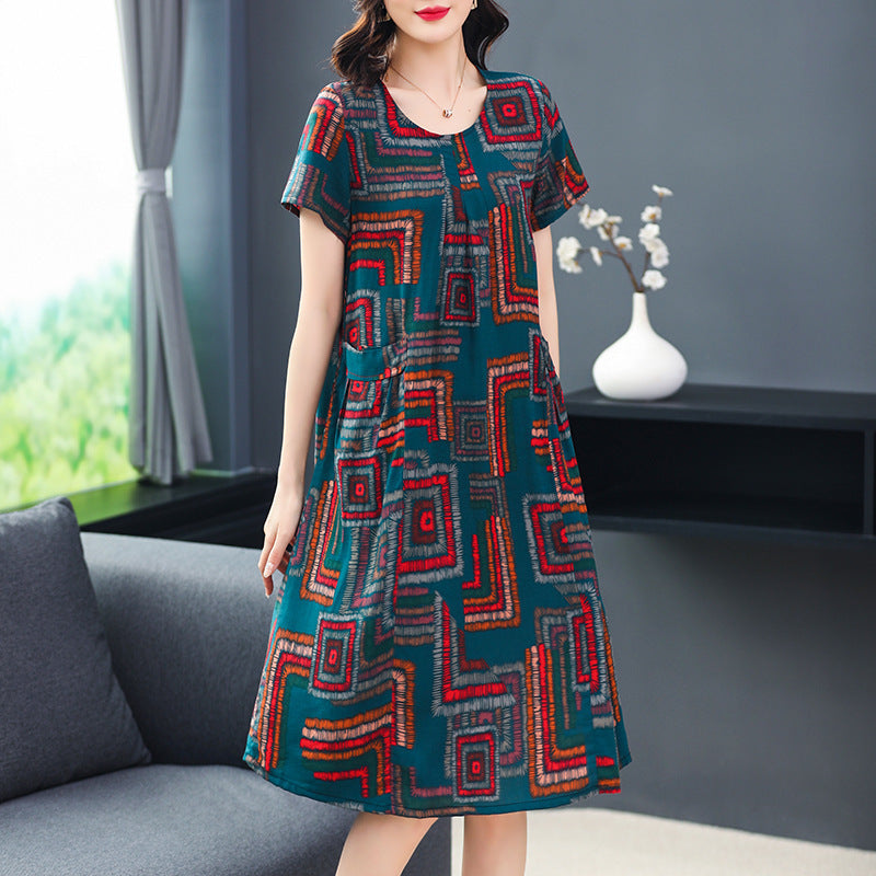 Plus Size Middle-aged And Elderly Cotton Silk Meat-covering Dress