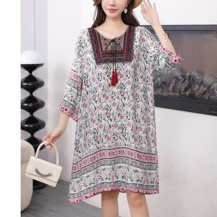 Cotton Silk Floral Dress Vintage Women's Clothing