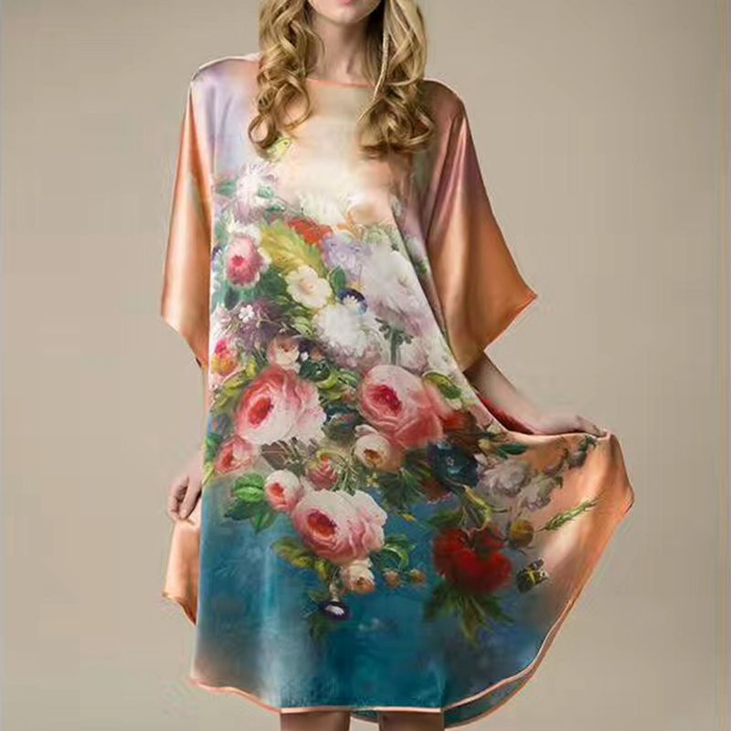 Inkjet Bat Shirt Women's Spring And Summer Home Service New Style Silk Silk Pajamas Nightdress Loose