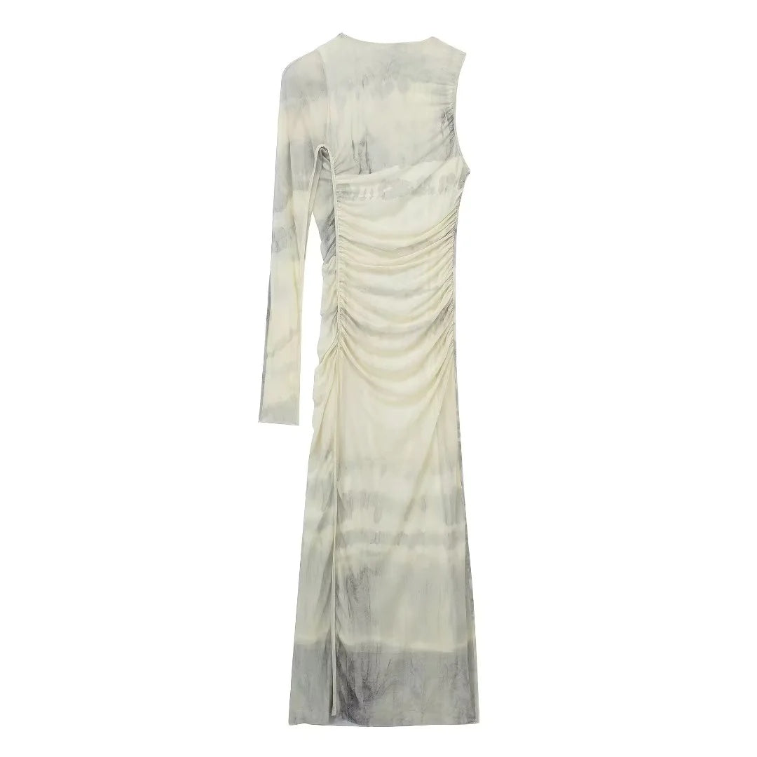 Printed Silk Mesh Asymmetric Dress