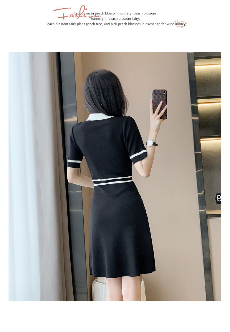 Classic Style Short Sleeve Slimming High Waist A- Line Ice Silk Dress