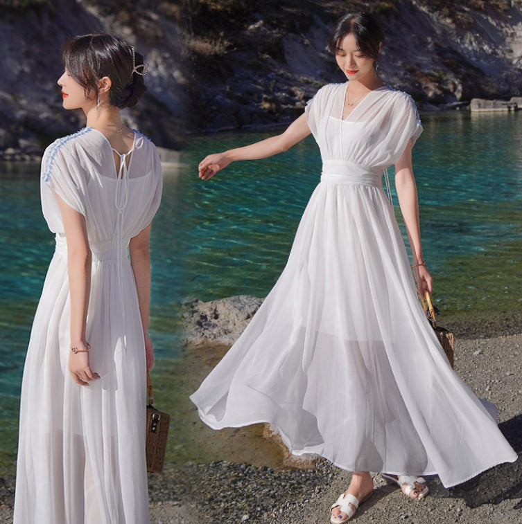 Temperament Solid Color Waist Silk Long Dress