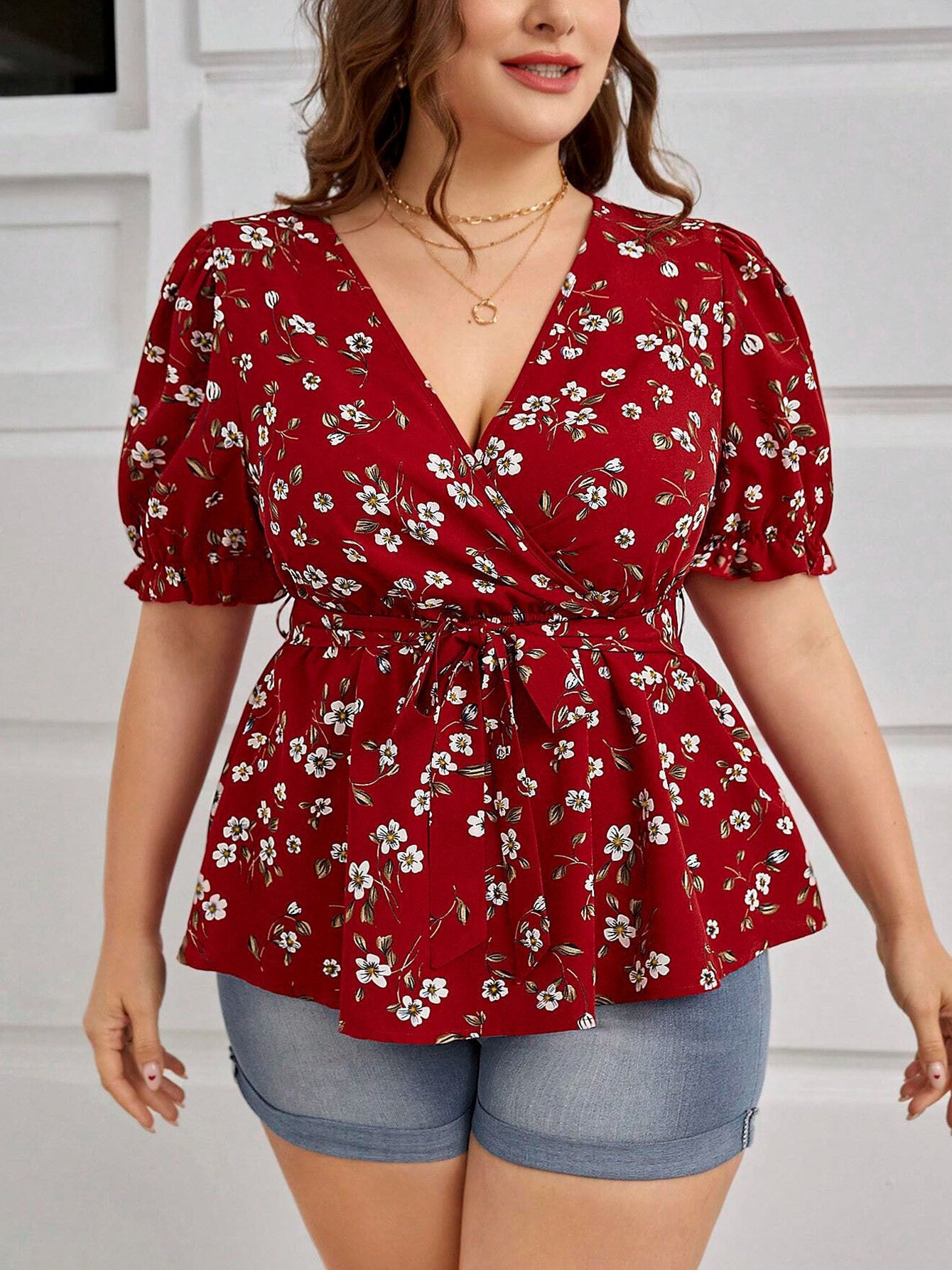 Floravive Belted V-Neck Blouse