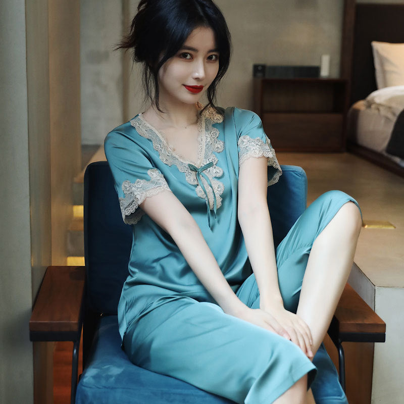 Ladies Pajamas Summer Ice Silk Short-sleeved Two-piece Spring And Autumn Silk Home Clothes