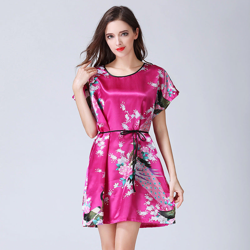 Imitation Silk Nightdress Round Neck And Thin Belt Women's Silk Pajamas