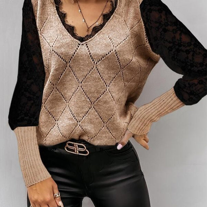 LaceWhisper V-Neck Knit Top