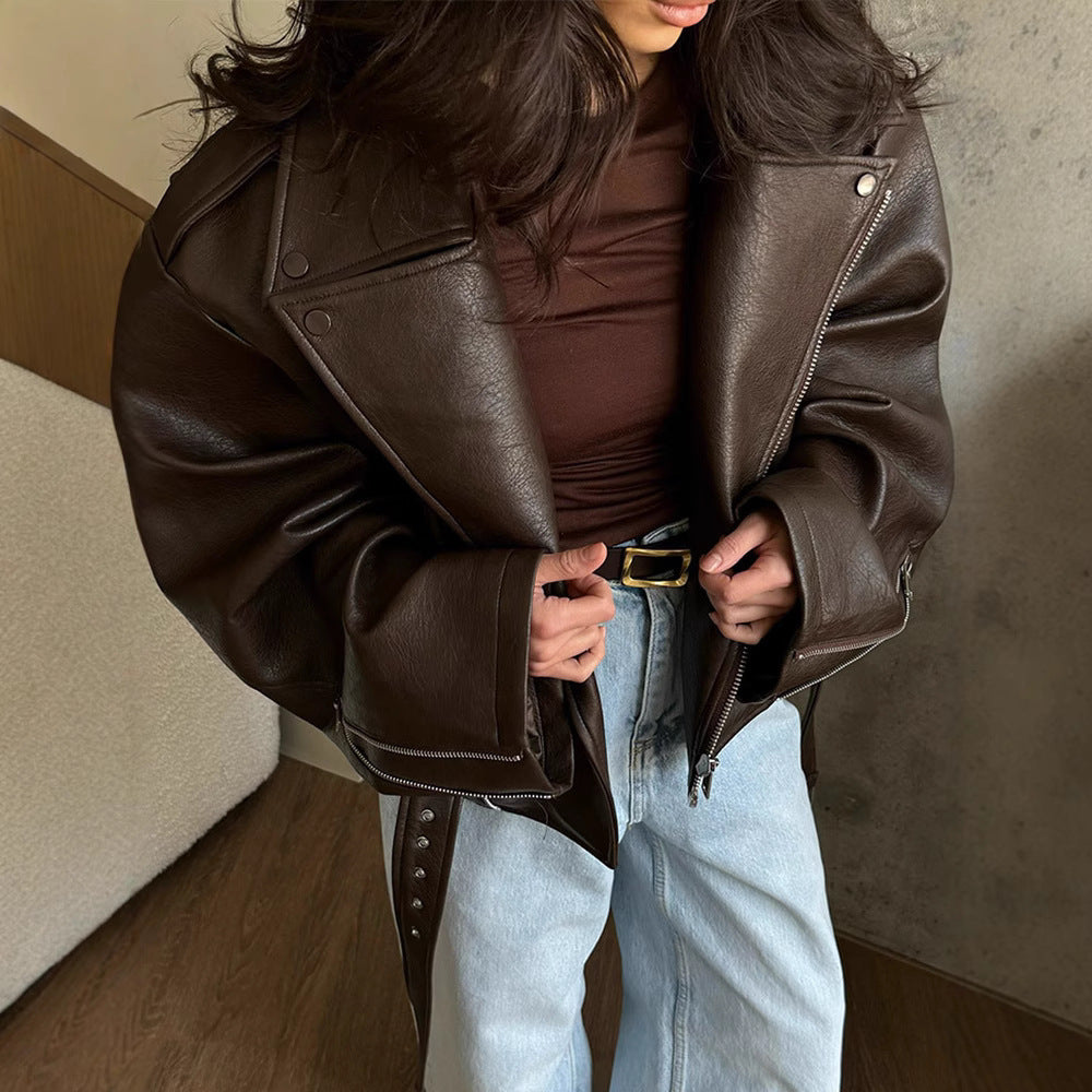 GraceLuxe™ Lace-Up Leather Coat