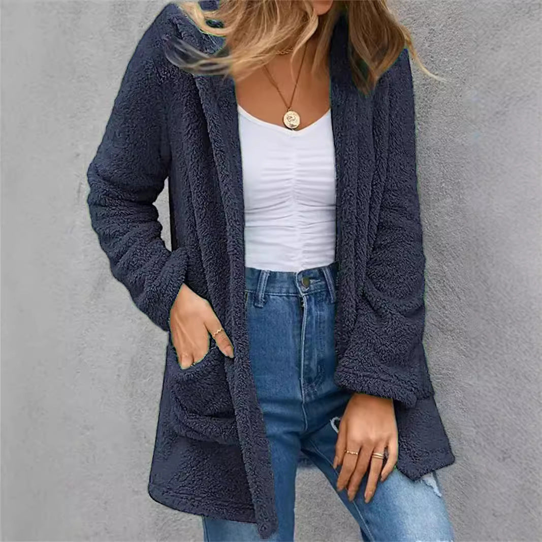 New Women's Cardigan Double Pocket Hooded Solid Color Fleece Cardigan Jacket
