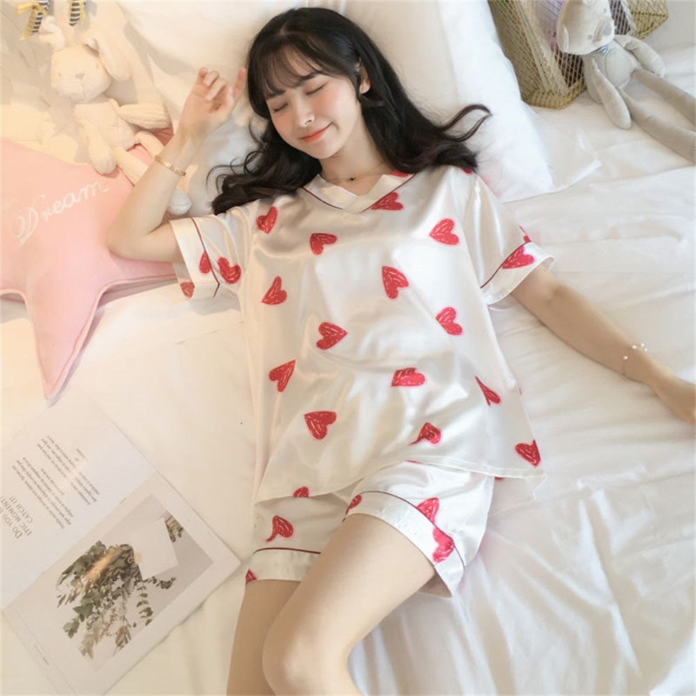 Women's Loose Casual Short Sleeve Ice Silk Pajama Set