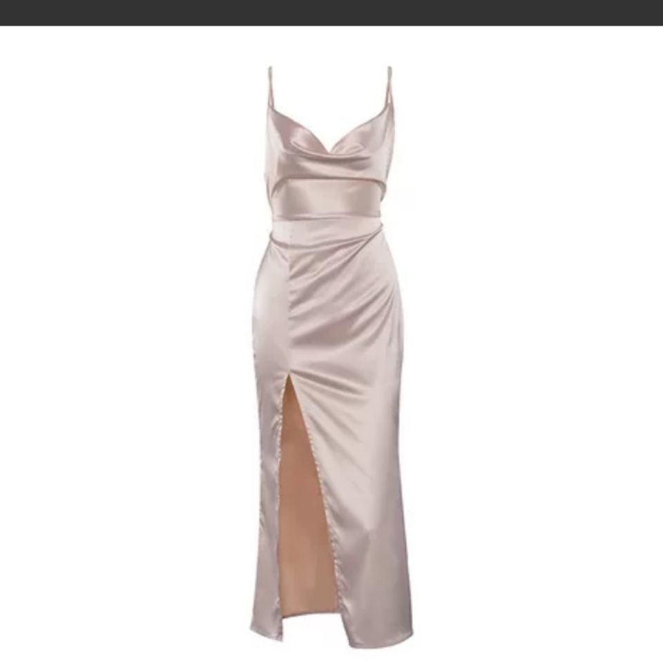 Glossy satin silk dress with suspenders