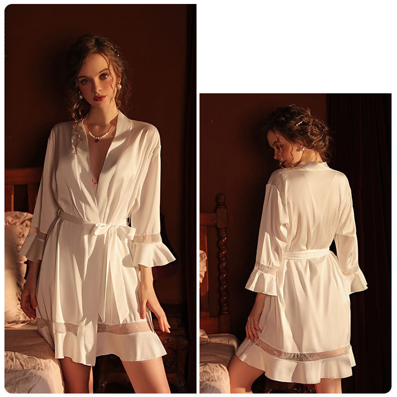 Women's Silk One Size Panel Ruffle Tie Robe