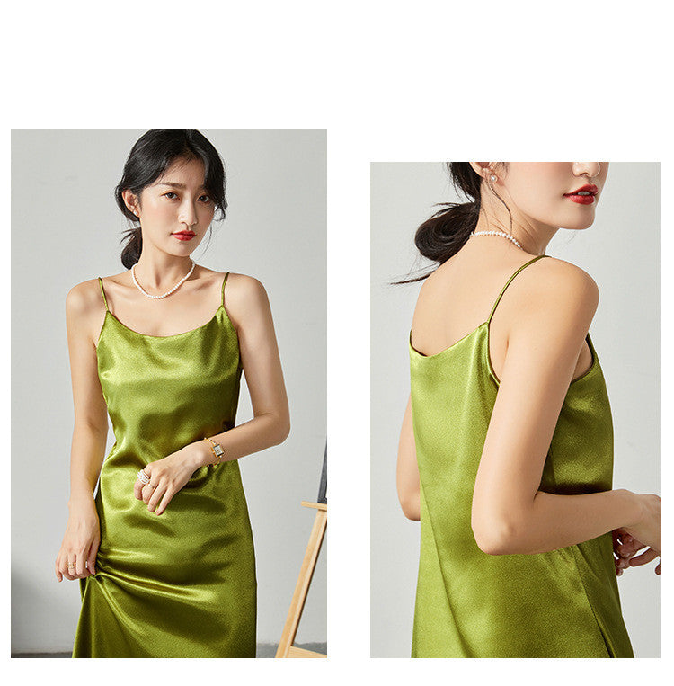 Mid-length silk sling acetate satin dress