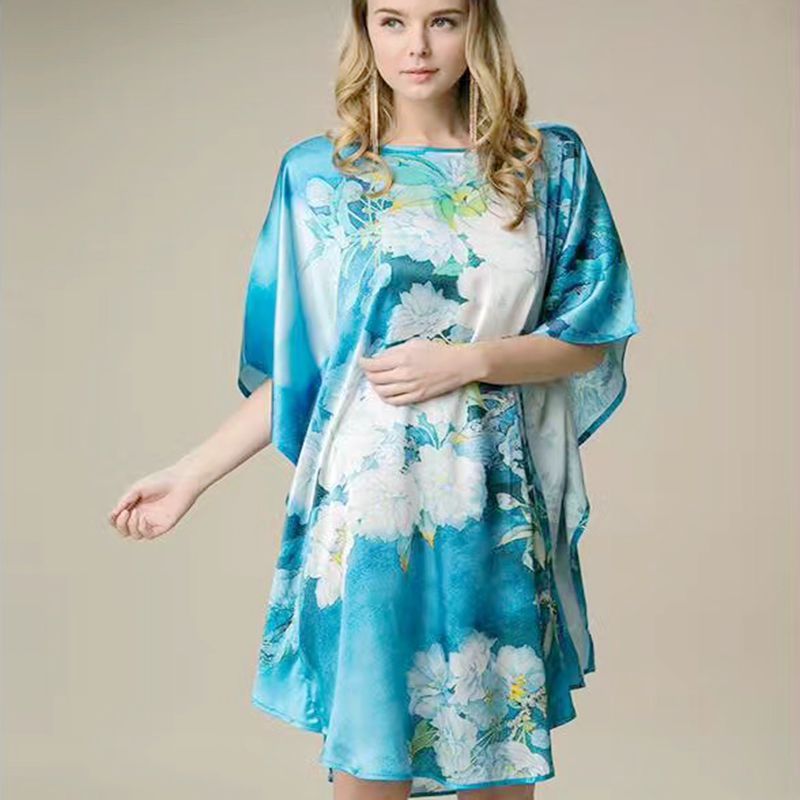 Inkjet Bat Shirt Women's Spring And Summer Home Service New Style Silk Silk Pajamas Nightdress Loose