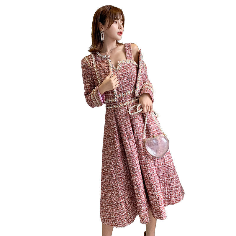 Fashion Ladies Bright Silk Tweed Stitching Ribbon Dress Suit