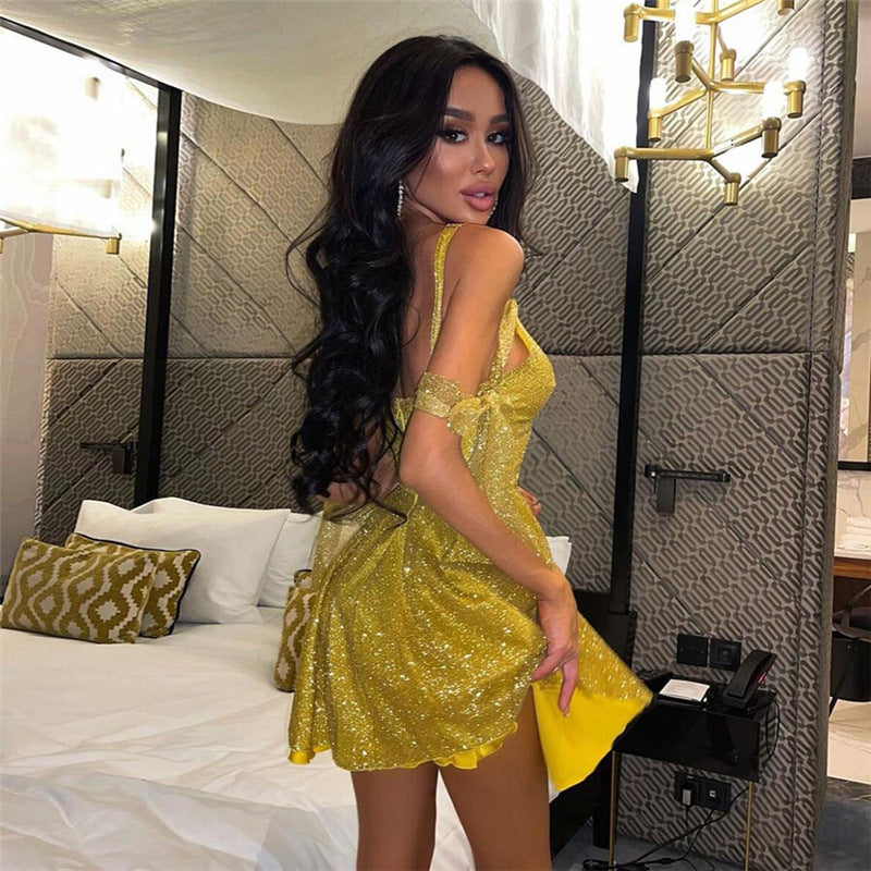 Low Cut Backless Strap Deep V Bright Silk Dress