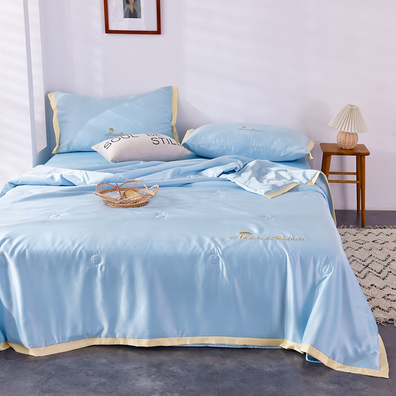 Simple Sheet Fitted Sheet Solid Color Embroidery Washed Silk Summer Quilt Set