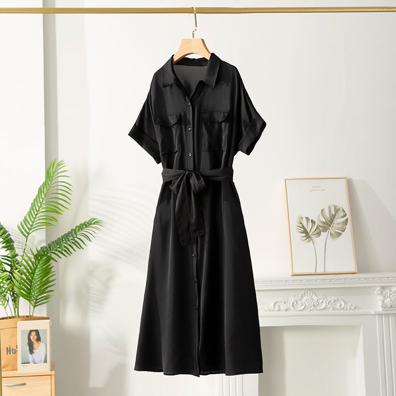 Women's Silk Dress With Lapel Waist And Slim Waist