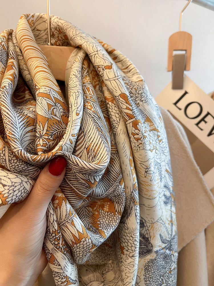 Beige Herringbone Silk And Wool Scarf
