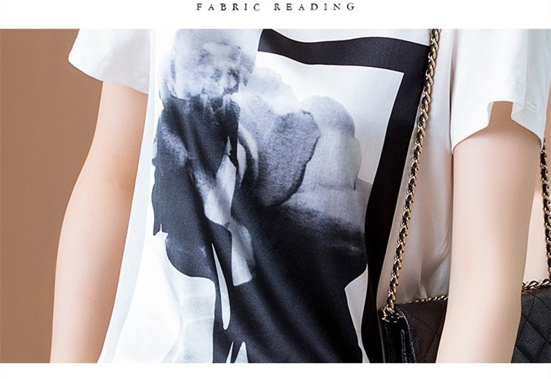 Printed silk white round neck T-shirt