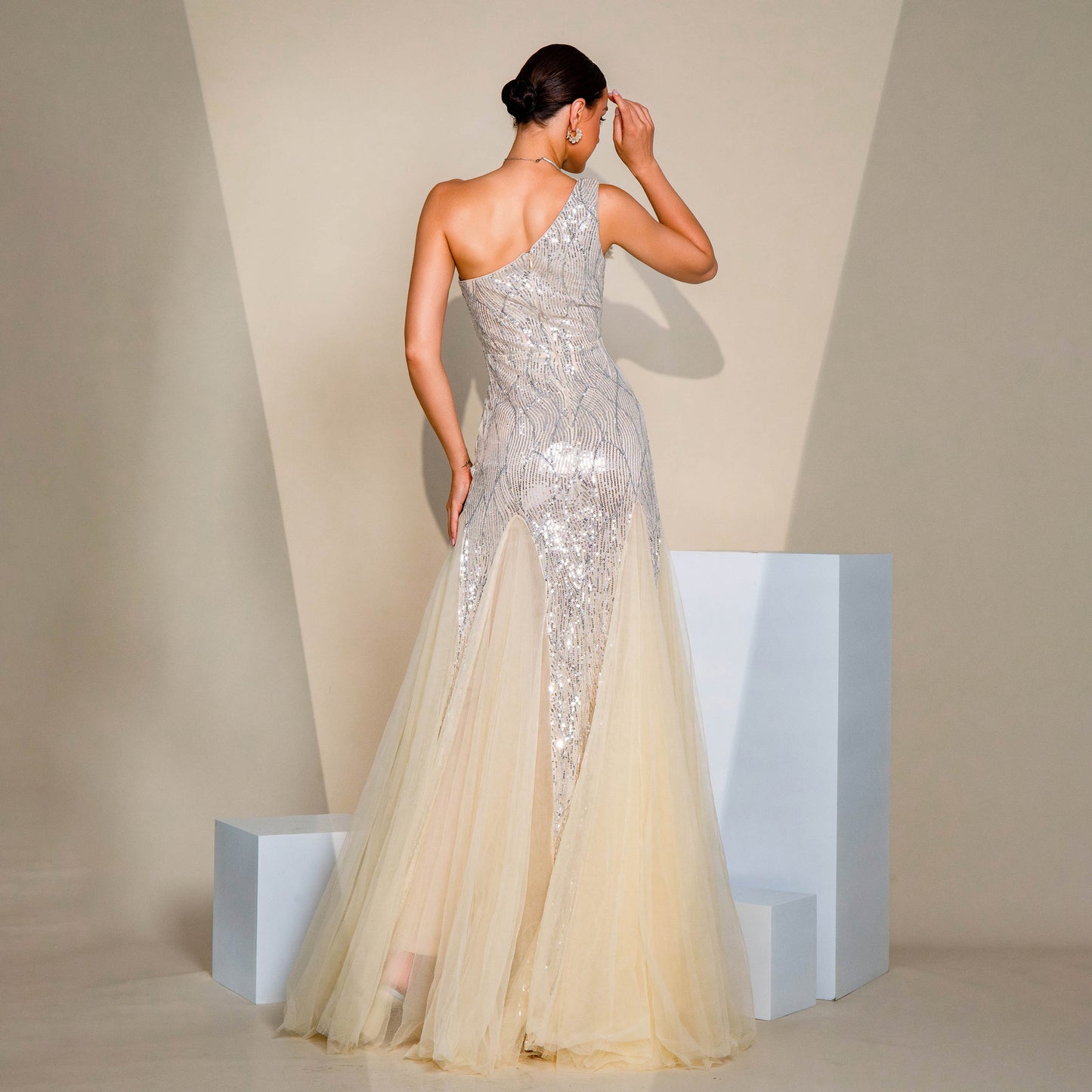 Lumira Veil One-Shoulder Gown