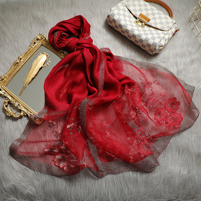 Begonia Embroidery Silk Wool Blended Sunscreen Shawl