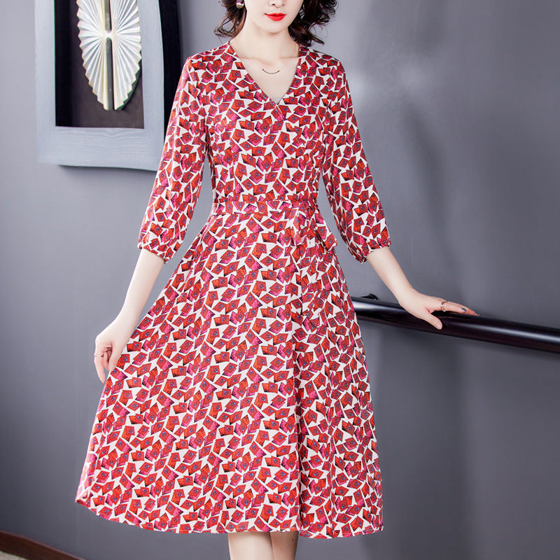 New Vneck Mid-length Slim Silk Floral Dress
