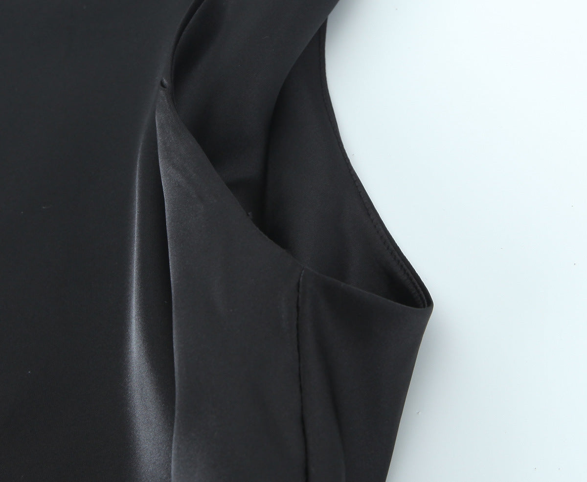 Women's Fashion Sleeveless Pleated Waist Tight Silk Satin Dress