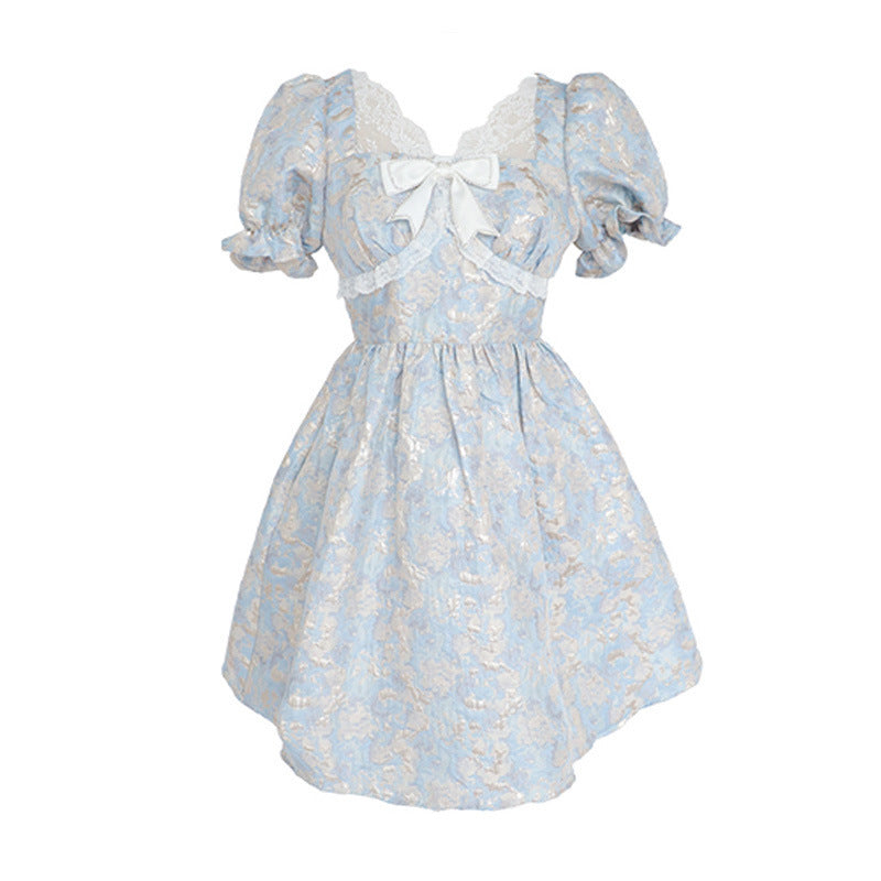 Summer New Holiday Bright Silk Jacquard Bow Dress