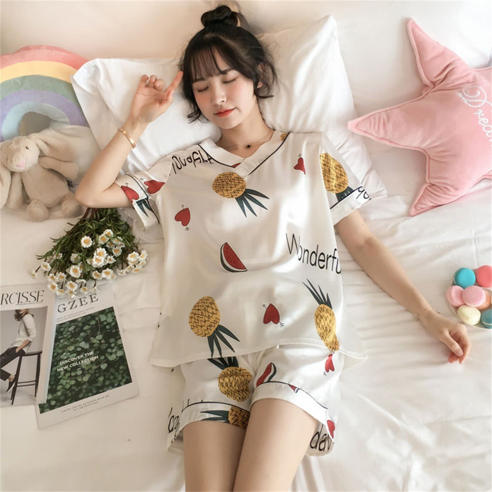 Women's Loose Casual Short Sleeve Ice Silk Pajama Set