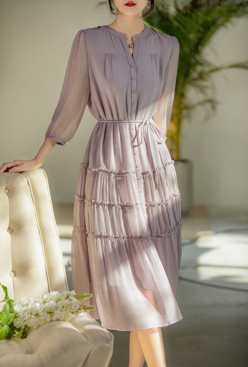 Light Smoked Purple Silk Gathered Lace-Up Dress