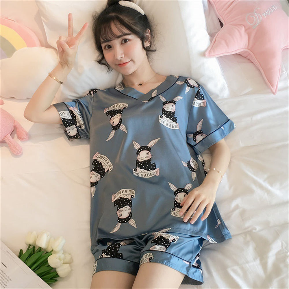 Women's Loose Casual Short Sleeve Ice Silk Pajama Set