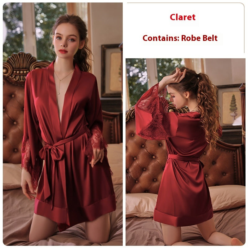 Silk Cuff Stitching Lace Lace-up Nightgown