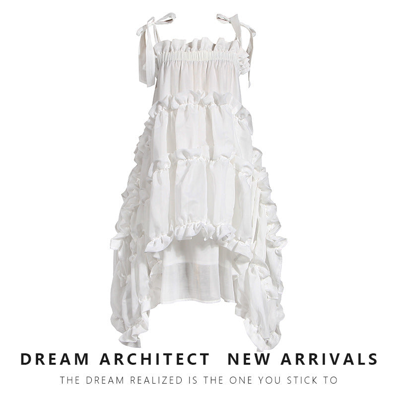 Niche Dark Artificial Silk Irregular Pleated Lace Sling Dress