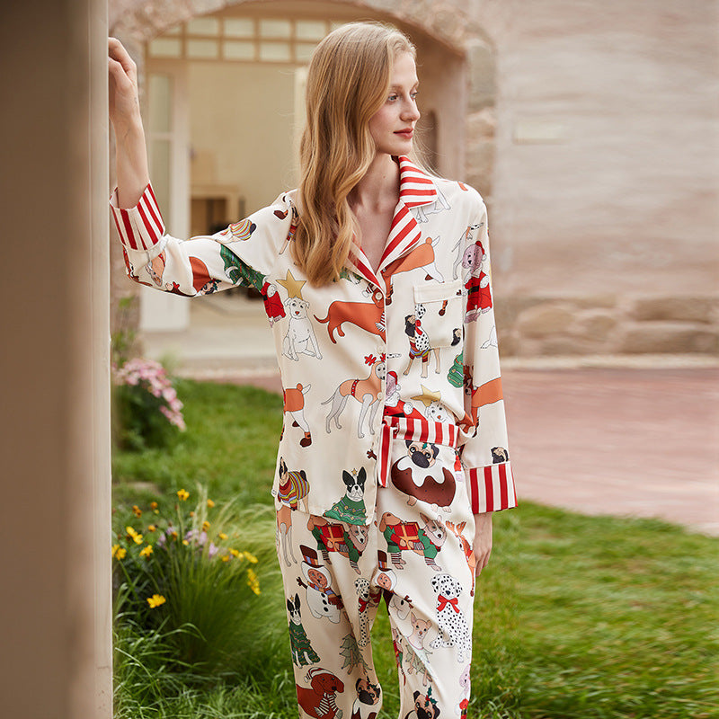 Pajamas Female Spring And Summer Long-sleeved Lapel Silk Cartoon