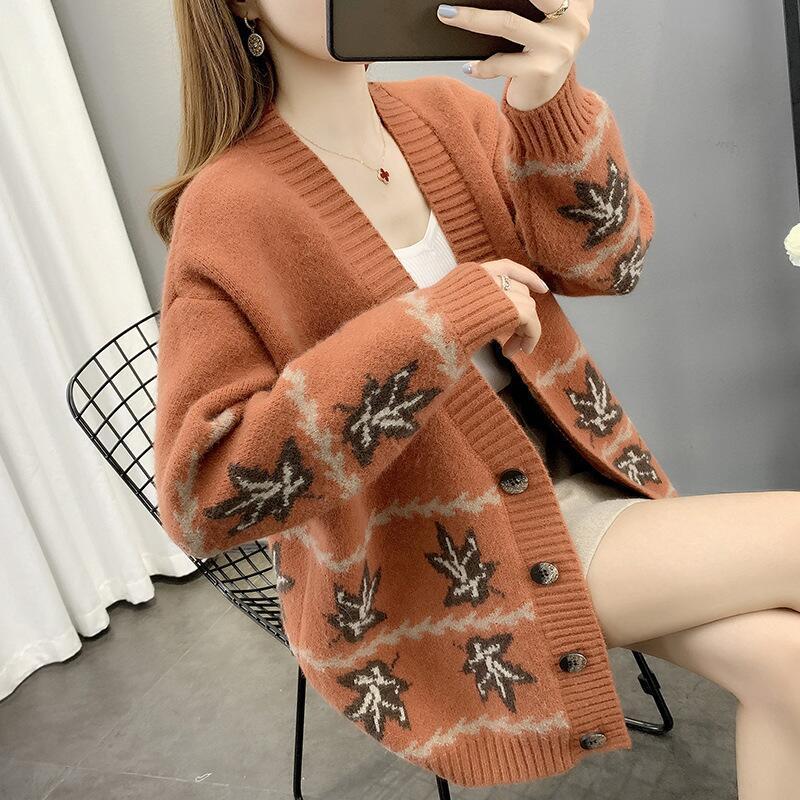 Maple Leaf Jacquard Knitted Cardigan Women's Loose Sweater