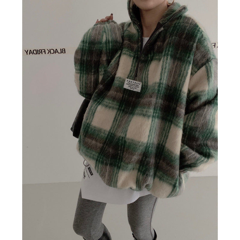 PlaidAura Stand Collar Woolen Sweater