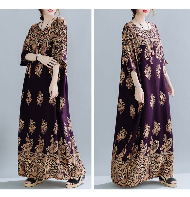 Spring Ethnic Style Plus Size Women's Cotton Silk Robe Loose Dress