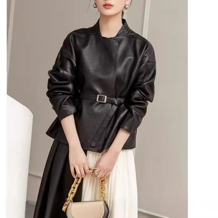 Hong Kong Retro Classic Style Leather Coat Women's Short