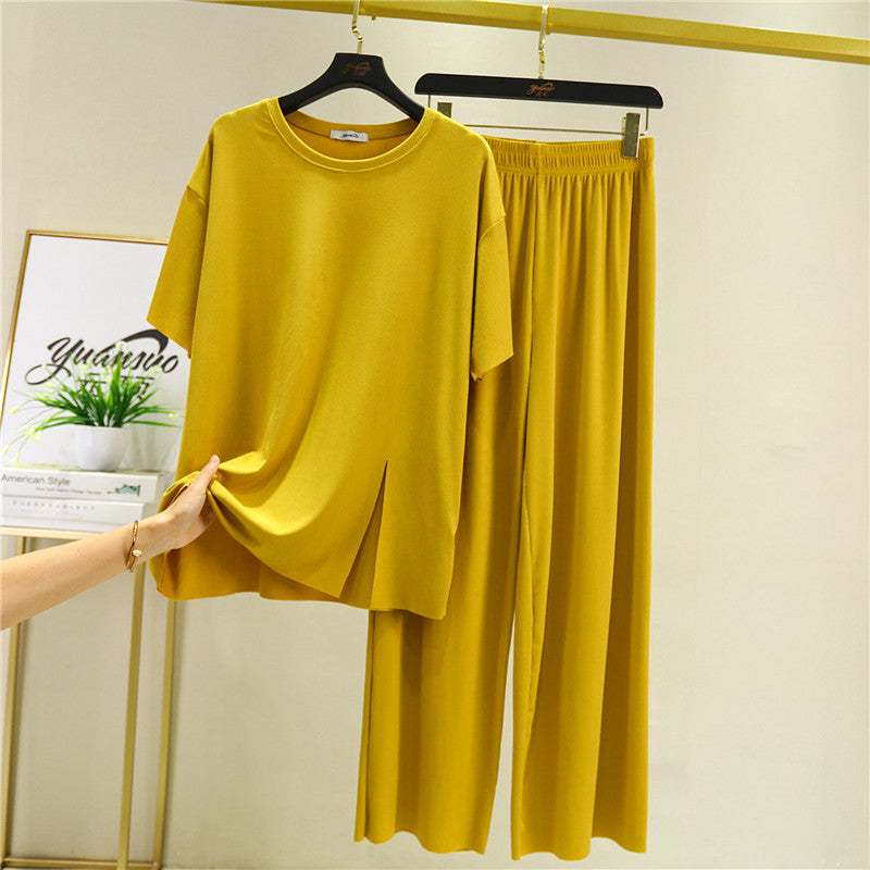 Loose Summer Women's Ice Silk Thread Mask Short Sleeve Slit Pajamas