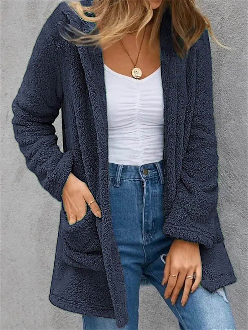 New Women's Cardigan Double Pocket Hooded Solid Color Fleece Cardigan Jacket