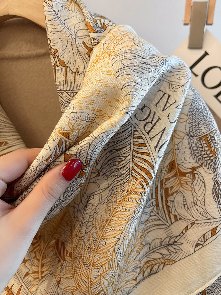 Beige Herringbone Silk And Wool Scarf