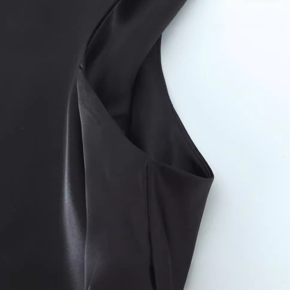 Women's Fashion Sleeveless Pleated Waist Tight Silk Satin Dress