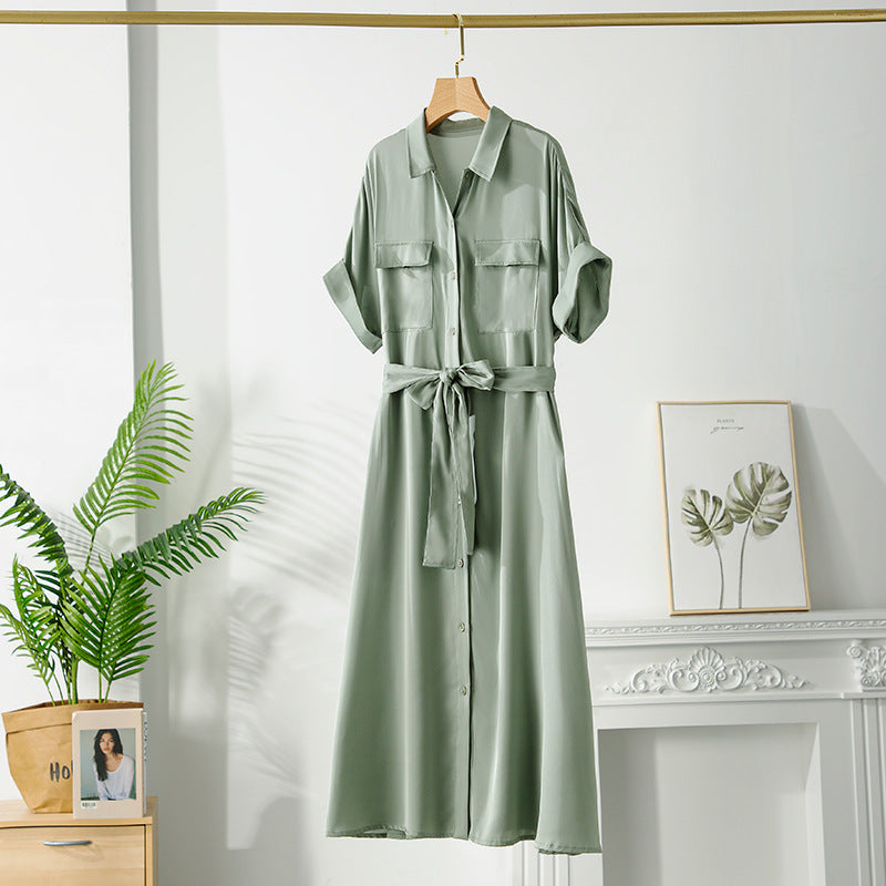 Women's Silk Dress With Lapel Waist And Slim Waist