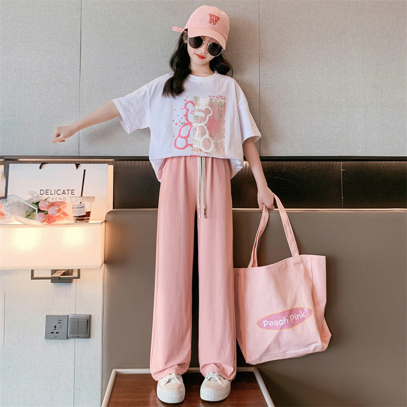 Girls' Ice Silk Wide-leg Pants Two-piece Suit
