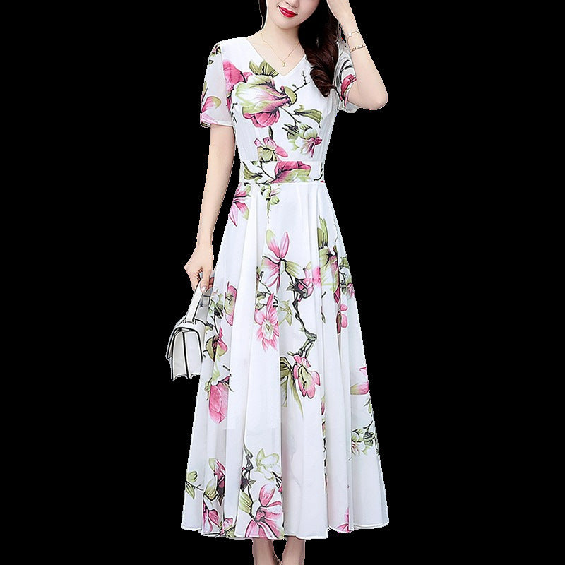 Loose Long V-neck Short Sleeve Ice Silk Satin Dress